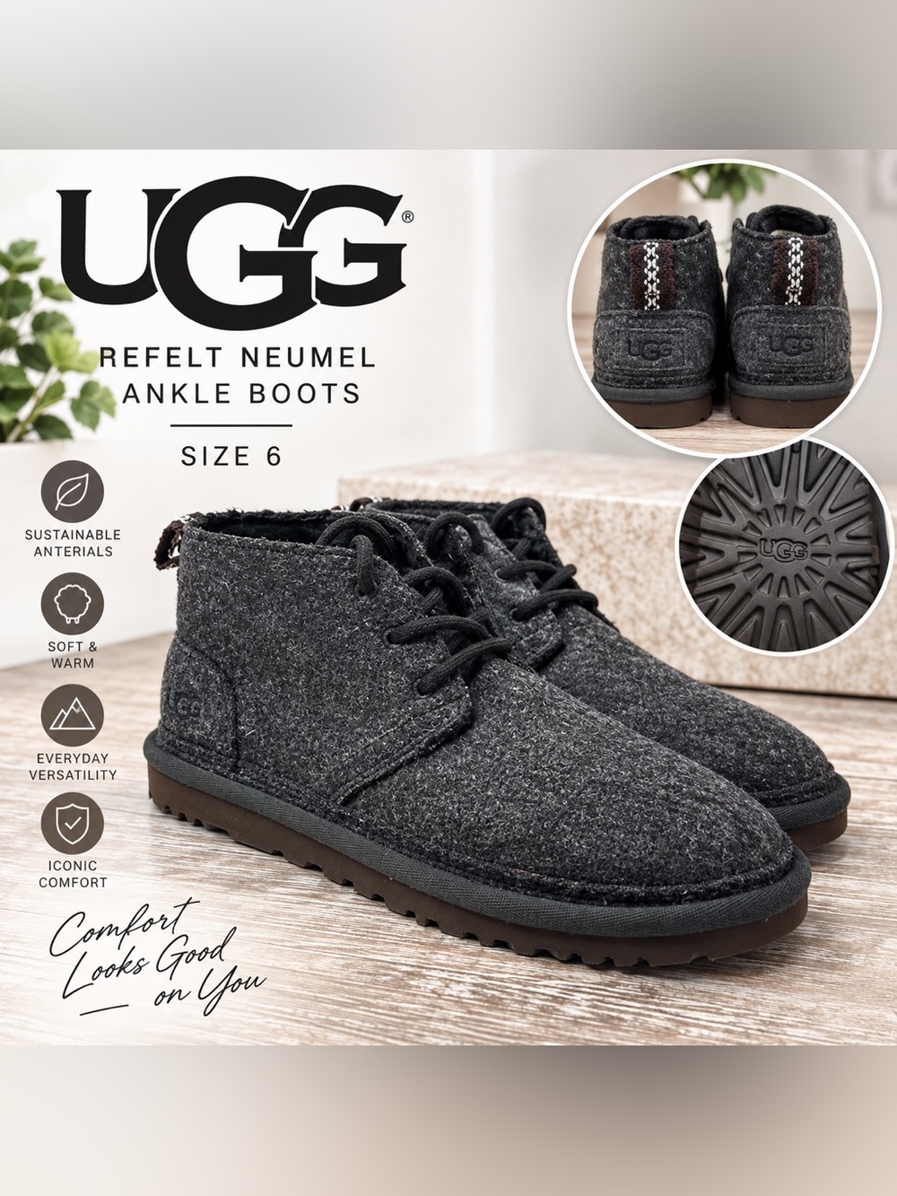 UGG Refelt Neumel Ankle Boots Women’s Size 6 Charcoal Gray Wool Lace Up